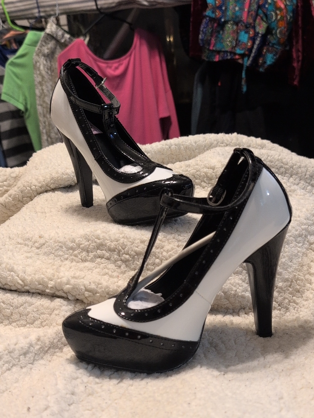 Black and White T-Strap Patent Platform Heels